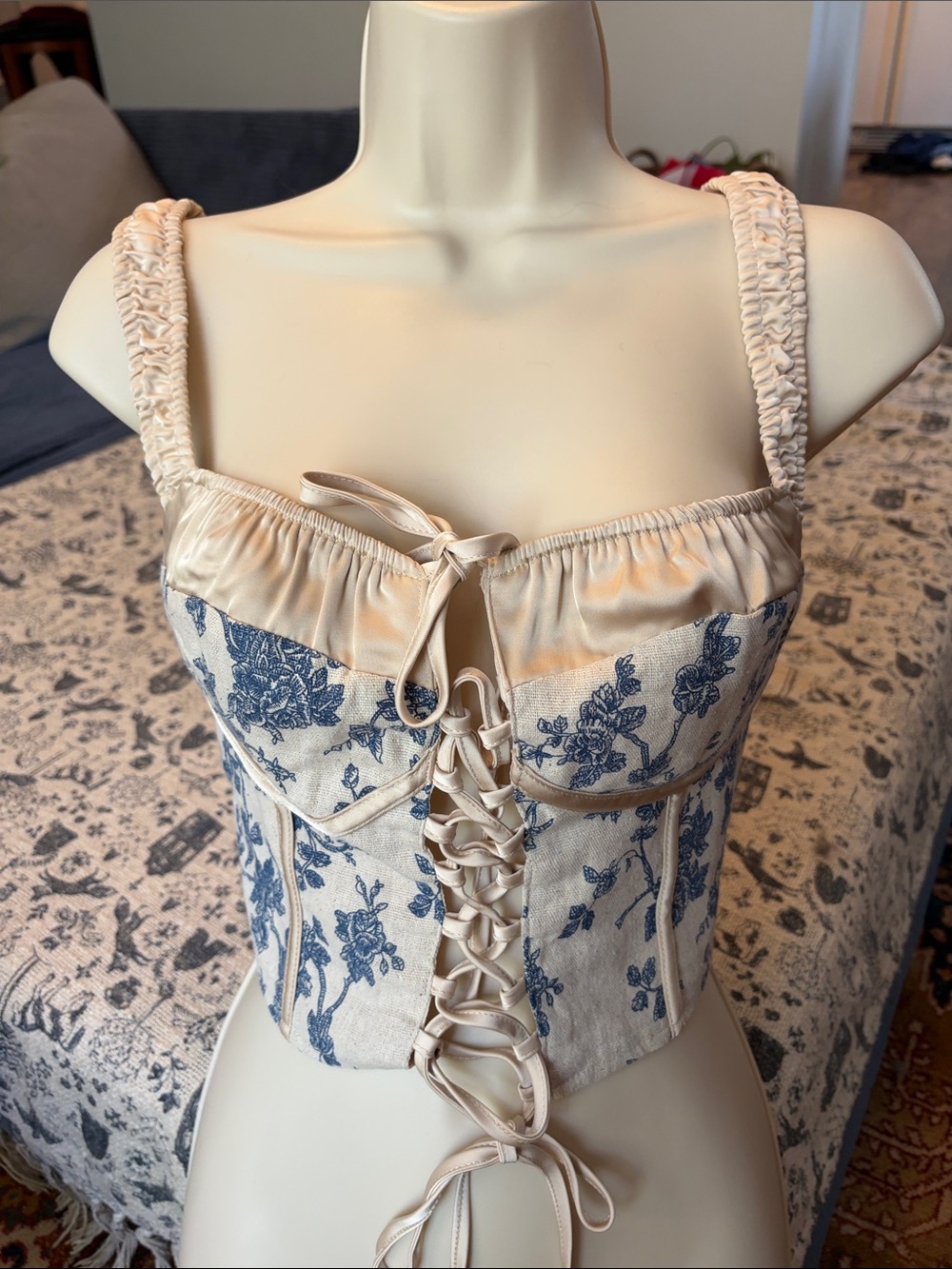 CIDER Floral Lace-Up Corset Top in Cream and Blue - S B C cup